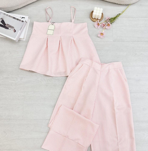 Summer Stripes Spaghetti Straps Pleated Tips With Pant